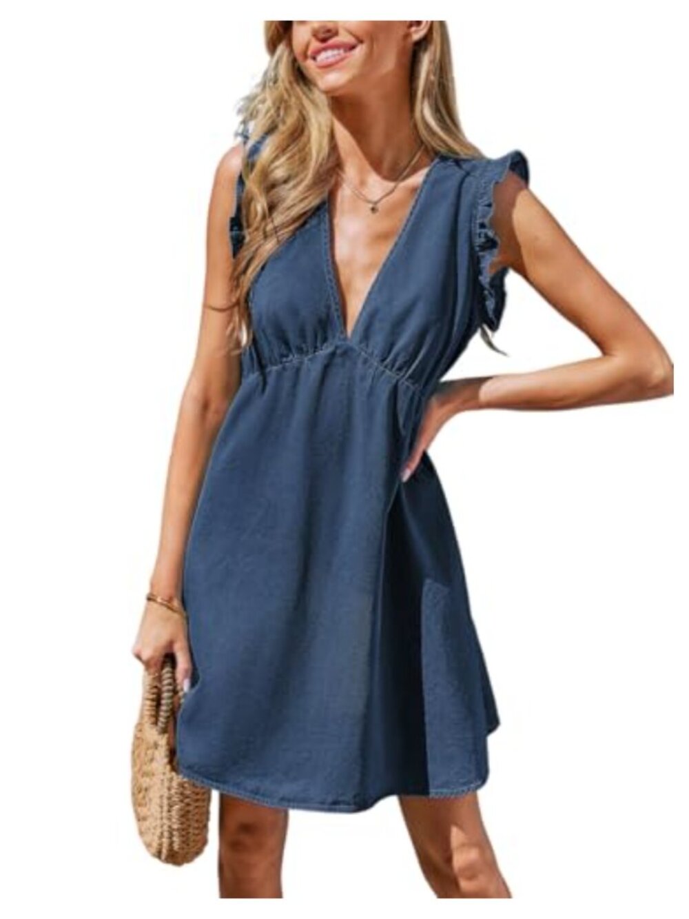 CUPSHE Denim Cotton Mini Sundress Ruffle Sleeves Plunging V Neck Smocked Waist